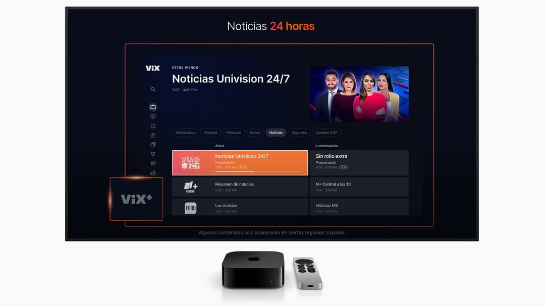 Interface de l'app ViX affichant Noticias Univision 24/7 sur écran Apple TV, avec présentateurs à l'écran et menu de contenu en espagnol