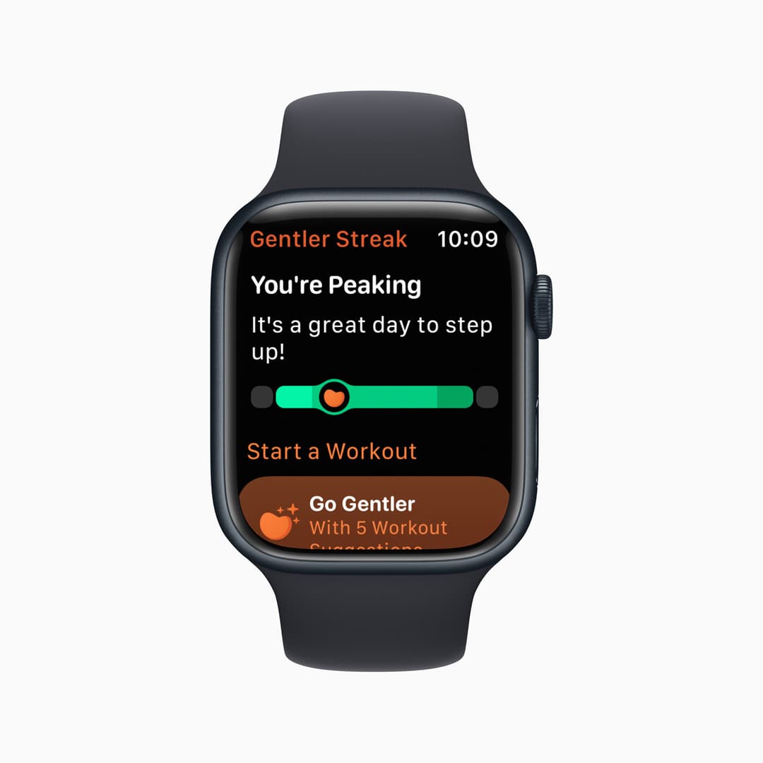Apple Watch affichant l'application Gentler Streak avec un message de motivation et des options pour débuter un entraînement