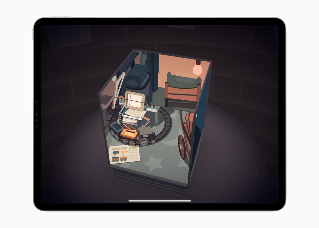 Gentler Streak : vue isométrique d'une chambre d'enfant avec lit, train miniature et mobilier en tons chauds sur fond noir