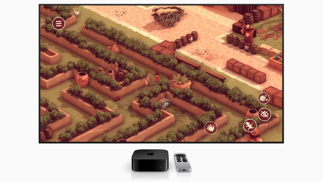 El Hijo, jeu de gestion en vue isométrique avec plantations et personnage, affiché sur Apple TV avec sa télécommande