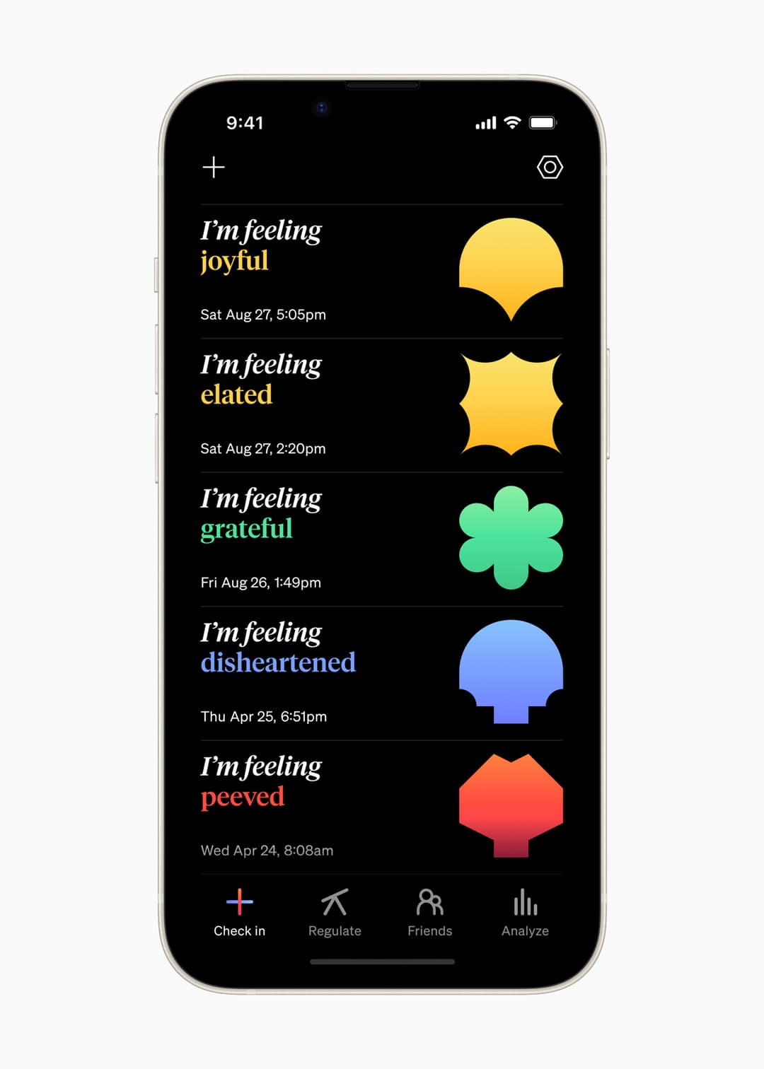 Écran de l'application How We Feel affichant une liste d'émotions avec des icônes colorées : joyful, elated, grateful, disheartened et peeved