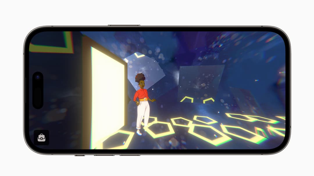 Jeu Dot's Home sur écran de smartphone : personnage femme en chemise rouge face à une porte lumineuse dans un environnement géométrique bleu et jaune