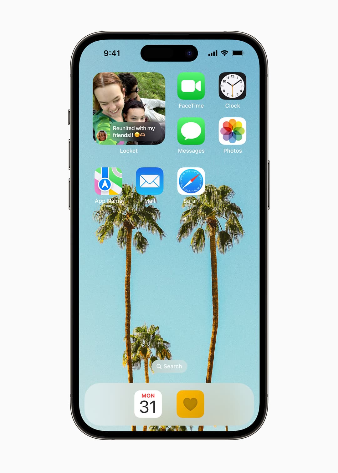 Écran d'accueil d'iPhone avec widget Locket affichant une photo de deux personnes souriantes à côté d'applications et de palmiers