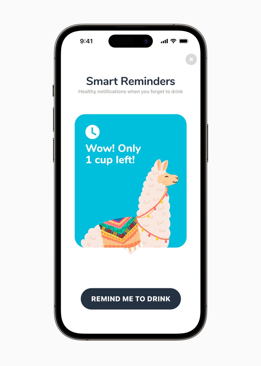 Interface de l'app Waterllama affichant une notification « Smart Reminders » avec un lama illustré et le message « Wow! Only 1 cup left! »