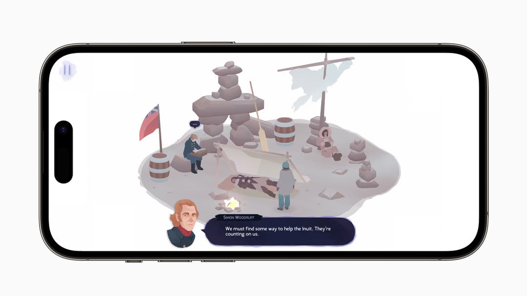 Écran de jeu Inua - A Story in Ice and Time montrant un village inuit avec des personnages, un inukshuk et un dialogue entre deux personnages