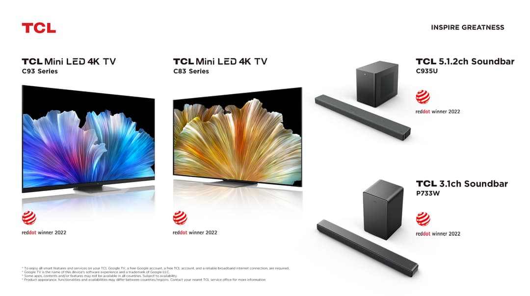 Téléviseurs TCL Mini LED 4K séries C93 et C83 avec pieds centraux métalliques, et barres de son TCL 5.1.2ch et 3.1ch, tous primés Red Dot Design
