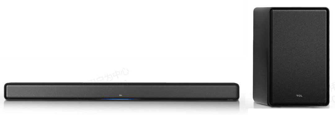 Barre de son TCL P733W grise et caisson de basses noir sans fil accompagnant la barre