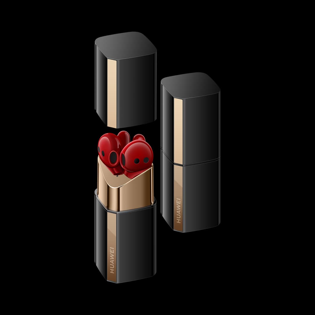 HUAWEI FreeBuds Lipstick, écouteurs rouges avec boîtier de charge noir et or en forme de tube de rouge à lèvres