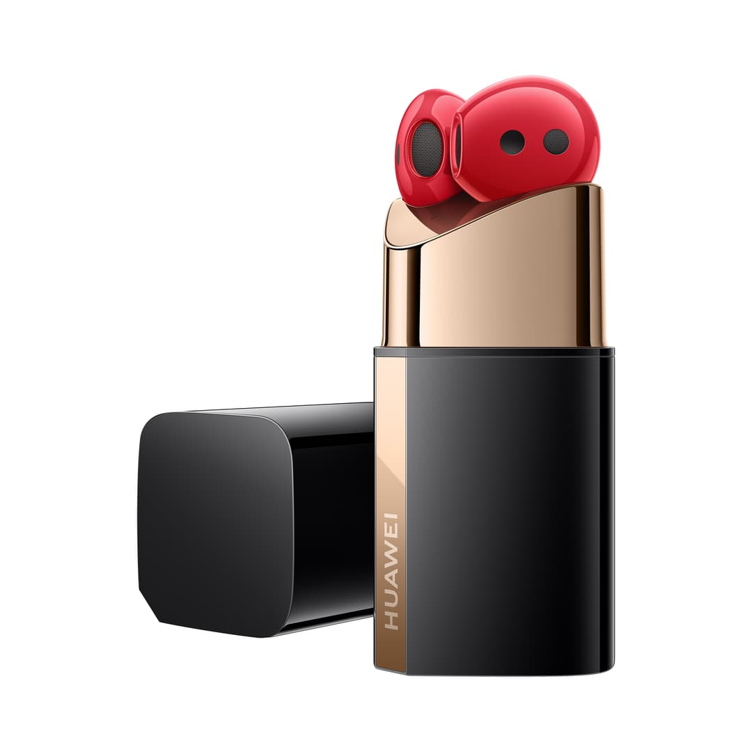 HUAWEI FreeBuds Lipstick rouges dans leur boîtier noir et beige de forme cylindrique