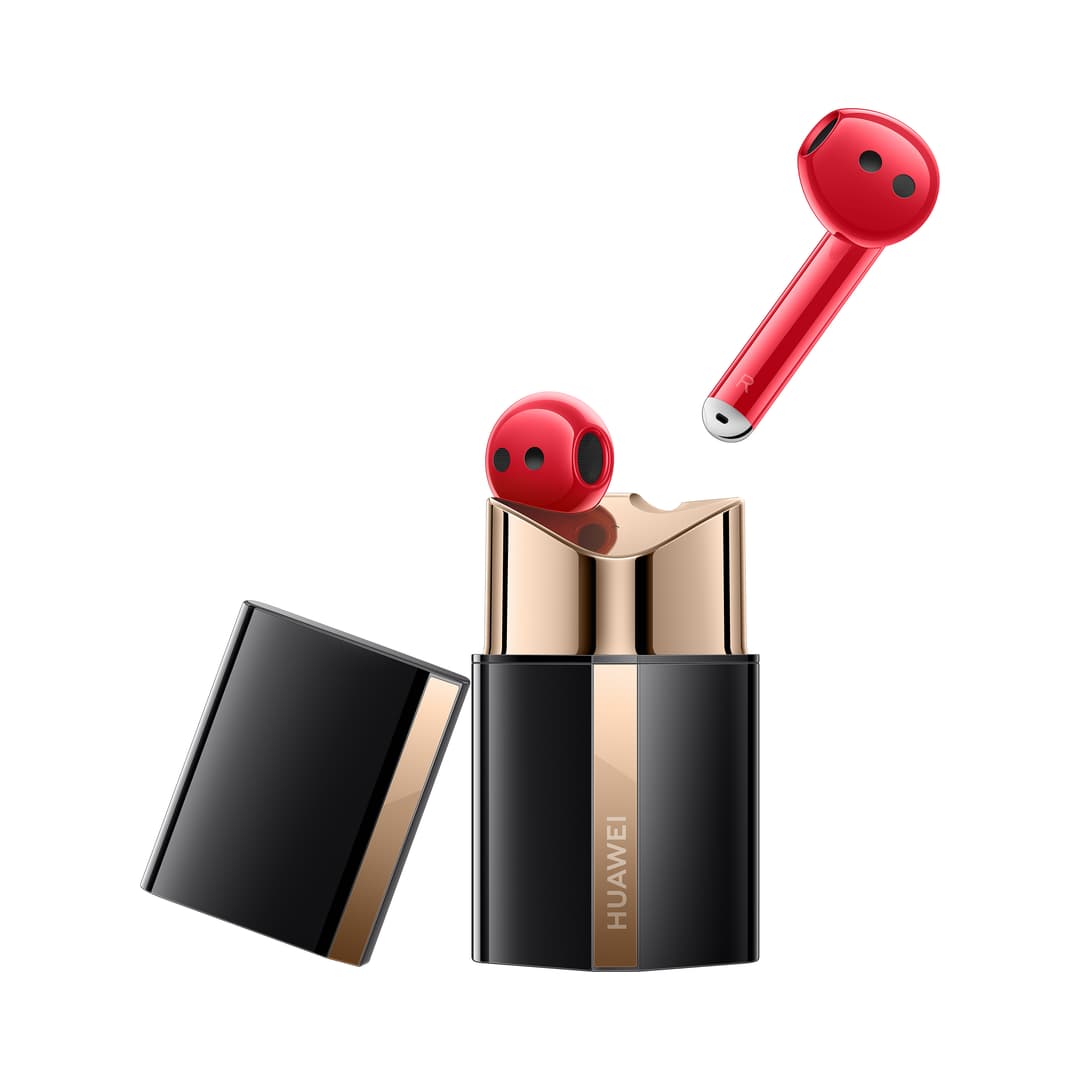 HUAWEI FreeBuds Lipstick rouge avec boîtier de rangement noir et doré, l'un des écouteurs en sortant