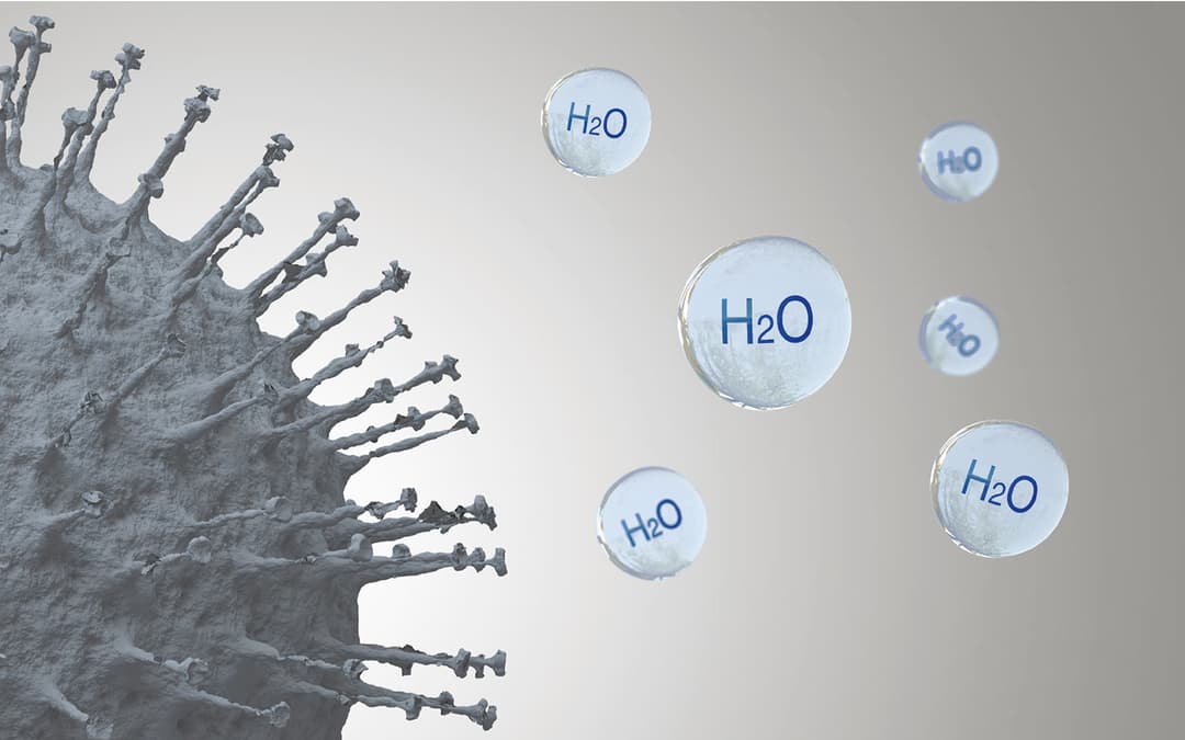 Représentation stylisée de la technologie nanoe X avec des gouttelettes d'eau H2O émises par une structure grise ramifiée