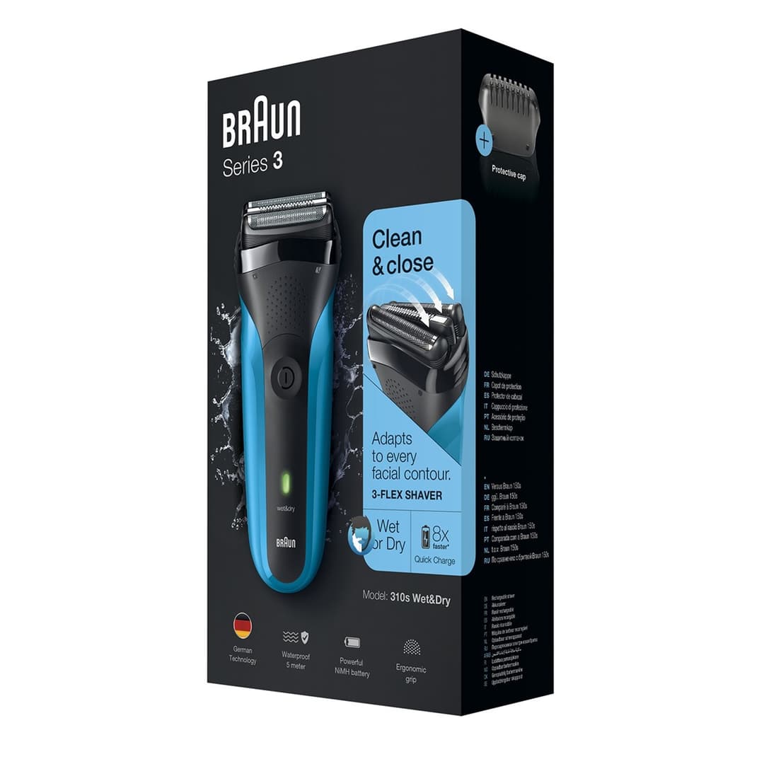 Rasoir électrique Braun Series 3 noir et bleu dans son emballage de présentation avec accessoires