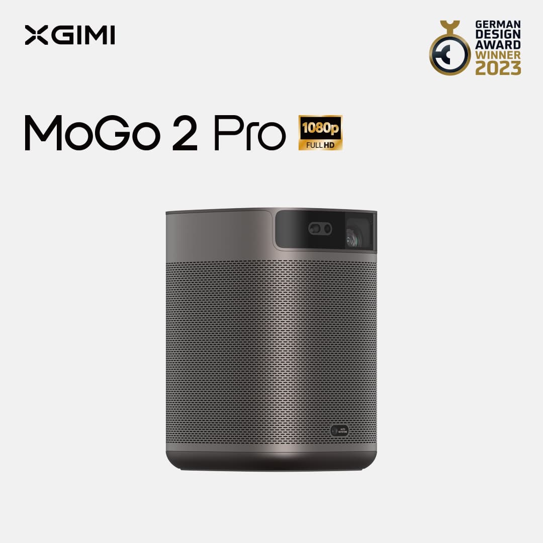 Projecteur GIMI MoGo 2 Pro 1080p Full HD, de forme cubique grise avec grille de ventilation, affichant le logo GIMI et le badge German Design Award Winner 2023