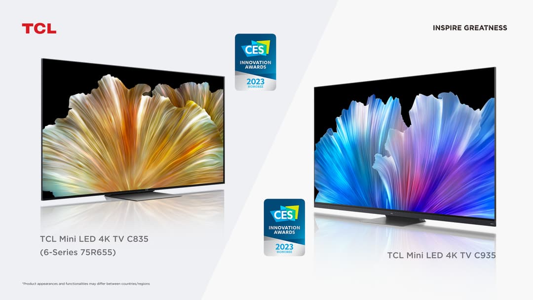 Logo TCL et deux téléviseurs Mini LED 4K récompensés aux CES Innovation Awards 2023, avec badge de prix entre eux