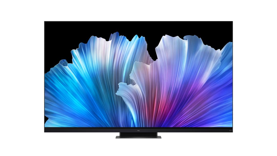 Téléviseur TCL Mini LED 4K avec écran affichant des motifs abstraits bleus et violets