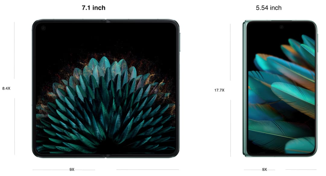 Smartphone OPPO pliable avec écran interne de 7,1 pouces affichant une fleur turquoise et écran externe de 5,54 pouces avec des plumes colorées