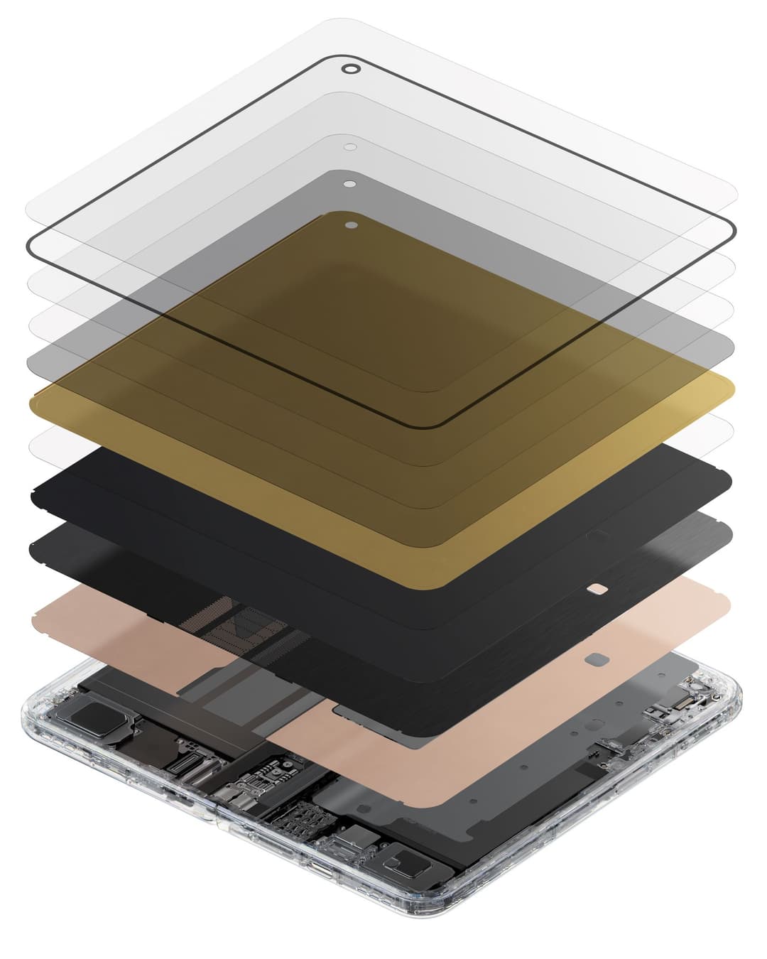 Écorché de smartphone pliable OPPO montrant les couches internes, avec écran flexible, composants électroniques et carcasse en noir, or et tons clairs