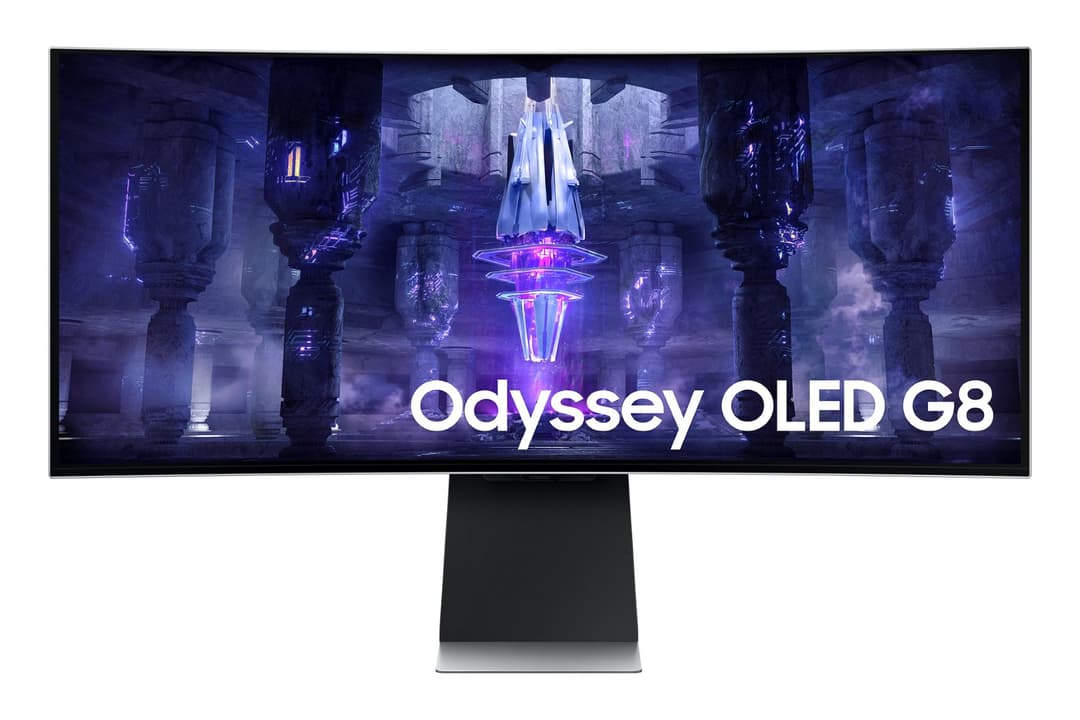 Moniteur gaming Samsung Odyssey OLED G8 affichant un environnement futuriste aux teintes violettes et bleues avec colonnes et lumières fluorescentes