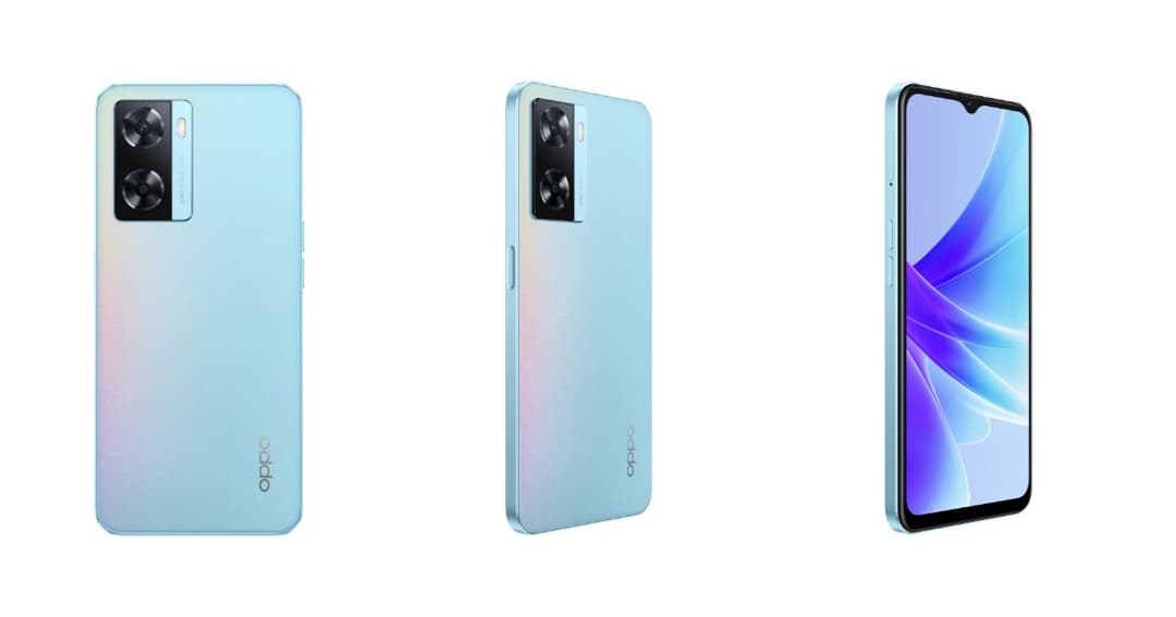 OPPO A57s en coloris Sky Blue, montrant l'arrière dégradé bleu ciel avec cristaux lumineux et l'écran avant
