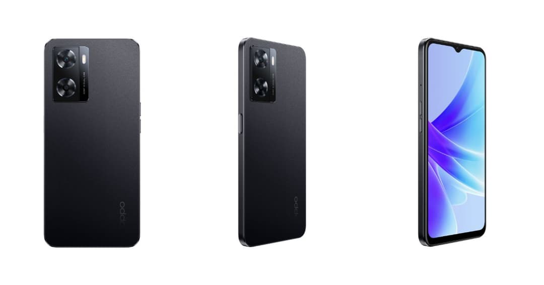 OPPO A57s Starry Black présenté de trois angles : arrière avec module photo, profil et façade avec écran bleu