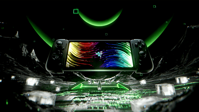 Razer Edge, console de jeu portable Android avec écran coloré, entourée d'éléments verts luminescents et de circuits électroniques