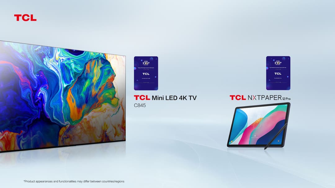 Logo TCL en rouge en haut à gauche, présentant deux produits récompensés : un téléviseur Mini LED 4K C845 aux couleurs vibrantes et une tablette NXTPAPER ePro