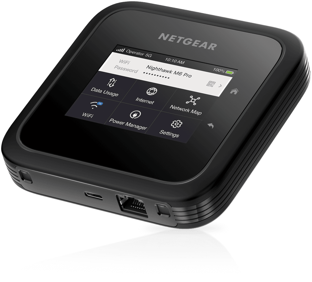 Nighthawk M6 Pro de NETGEAR, routeur mobile noir avec écran tactile affichant le menu WiFi, la gestion de données et les paramètres réseau