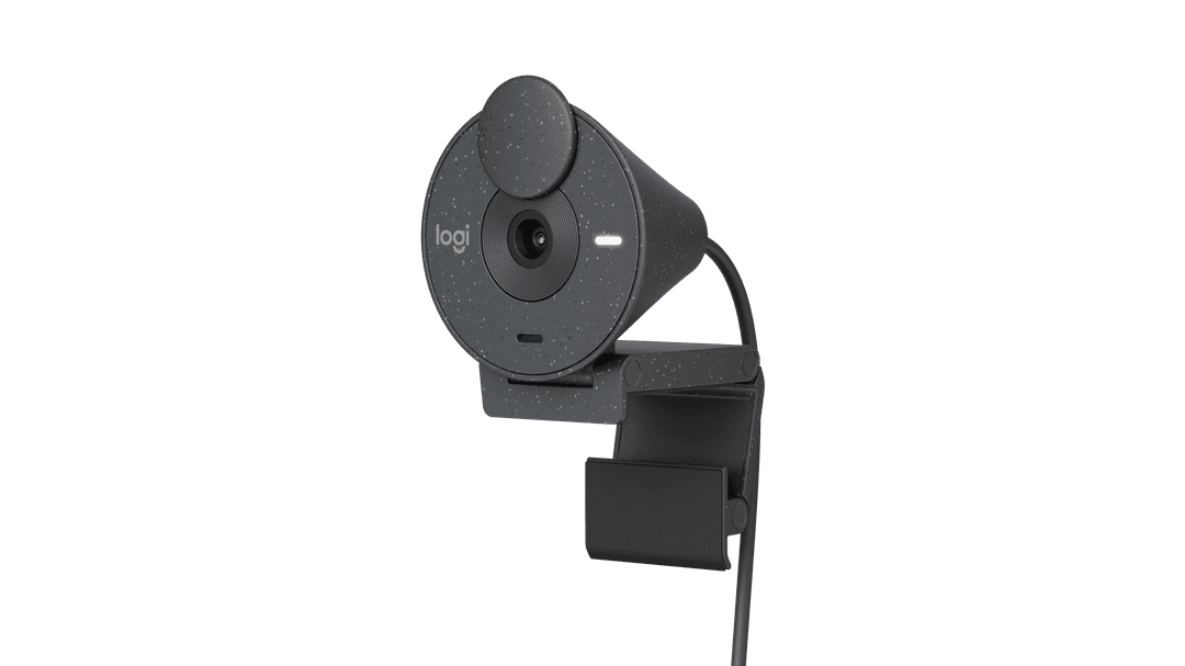Webcam Logitech Brio 300 de couleur gris foncé avec objectif noir et support de fixation, vue de face