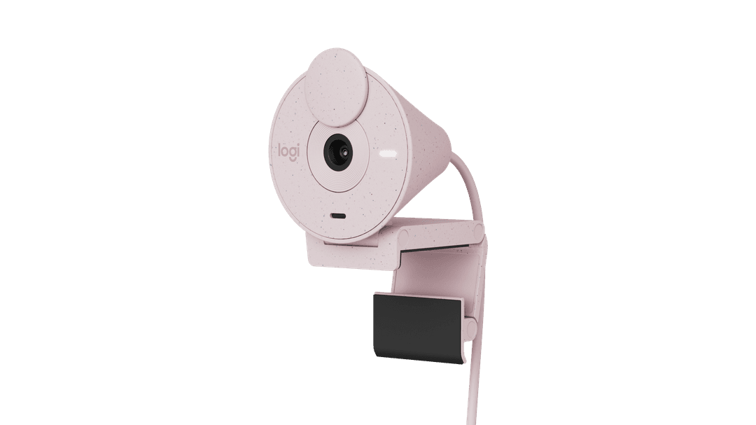 Webcam Logitech Brio rose pâle avec objectif noir et support de fixation