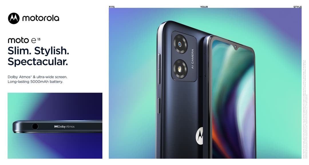 Motorola moto e13 noir avec double capteur photo, écran incurvé et fond dégradé bleu-turquoise