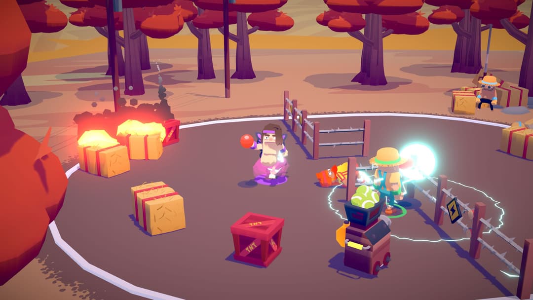 Univers coloré d'OddBallers avec des personnages stylisés affrontant des cubes brillants sur un terrain de jeu aux teintes orange et rose