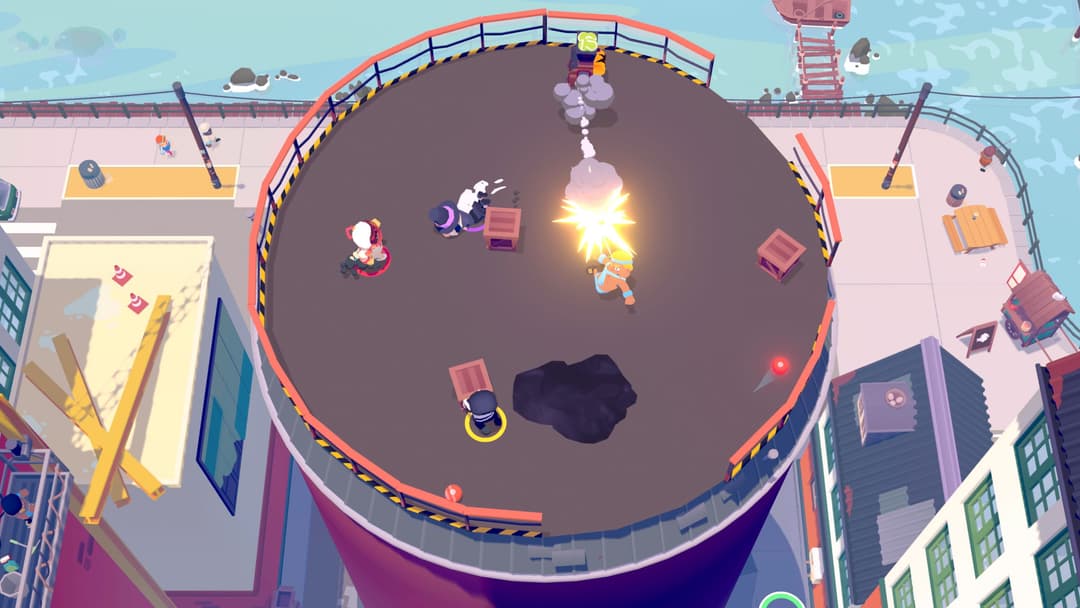 OddBallers : des personnages s'affrontent dans une arène circulaire sur un toit de ville, avec objets et explosions colorées