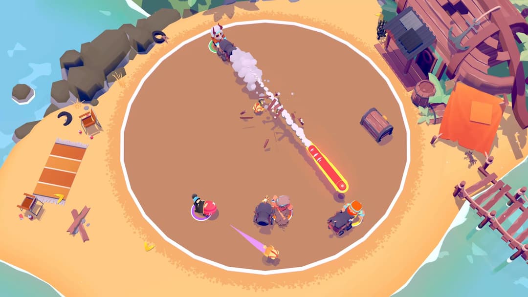 Quatre joueurs colorés s'affrontent dans une arène circulaire au style cartoon, avec une balle de feu traversant le terrain dans OddBallers