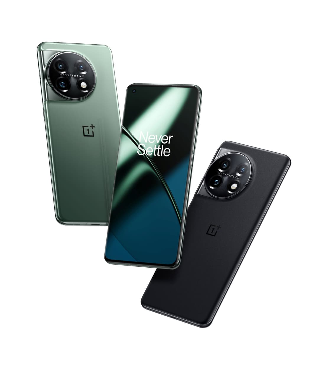 OnePlus 11 5G en trois coloris : vert, noir et blanc, avec capteur photo Hasselblad circulaire