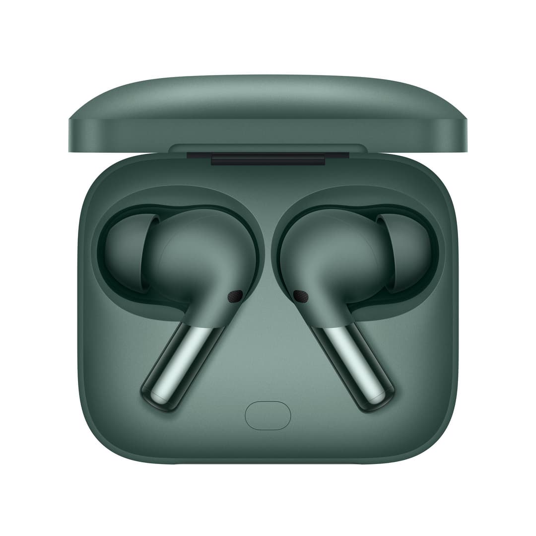 OnePlus Buds Pro 2, écouteurs intra-auriculaires noirs et argent dans leur boîtier de charge vert foncé, vue de dessus