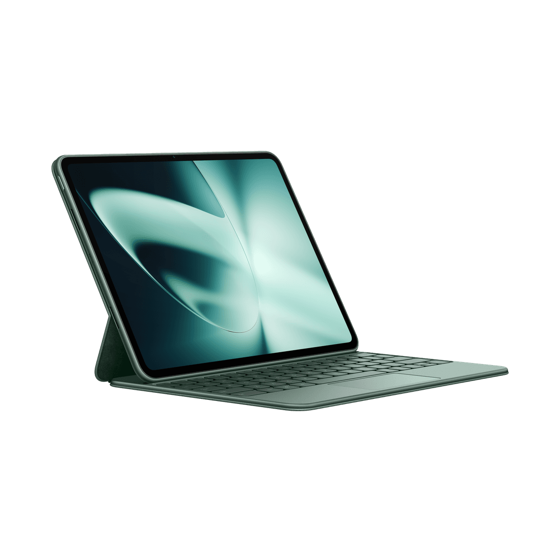 OnePlus Pad en vert Halo Green avec clavier intégré, écran affichant des formes géométriques vert et bleu