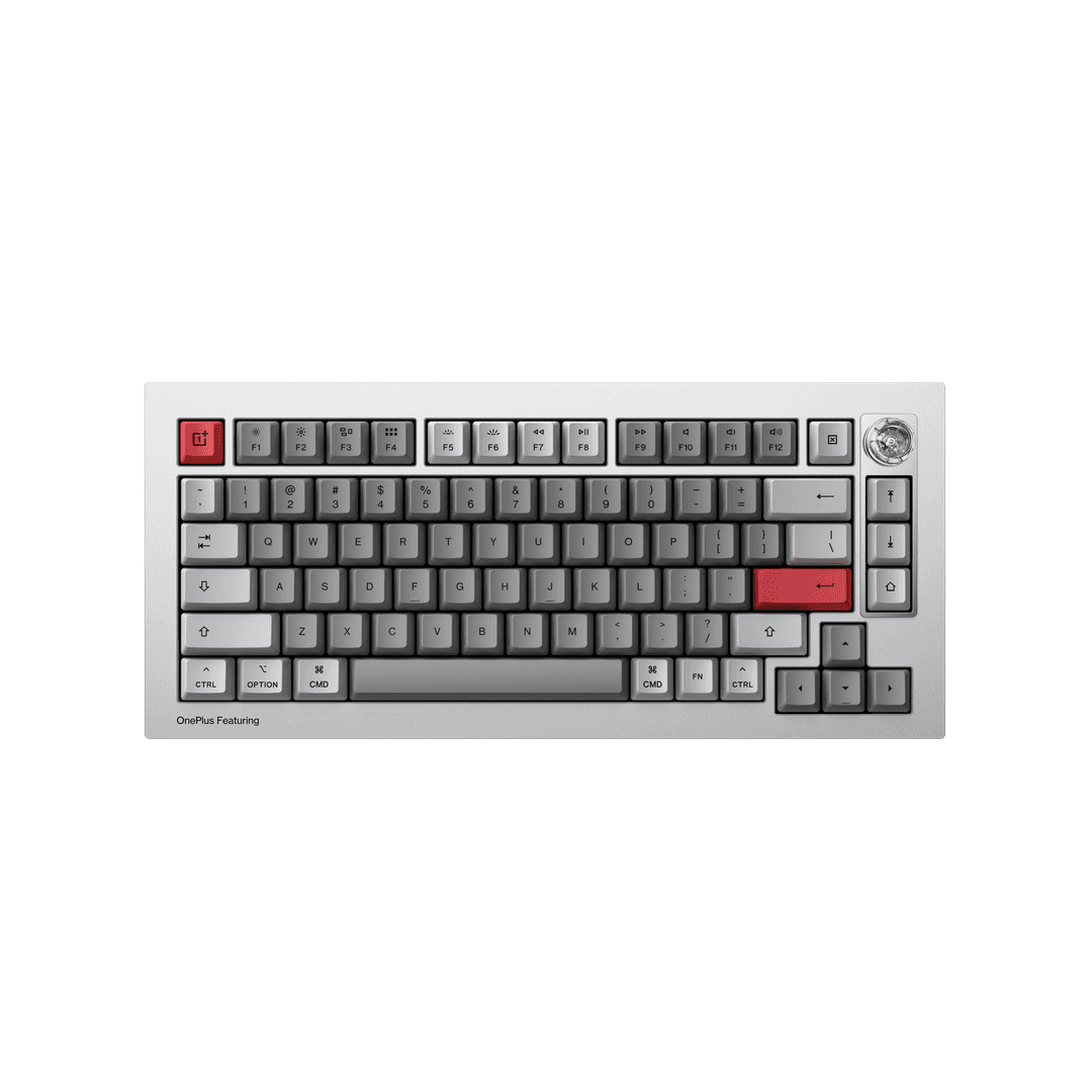 Clavier mécanique OnePlus Featuring 81 avec corps aluminium gris, touches grises et accents rouges, sur fond blanc