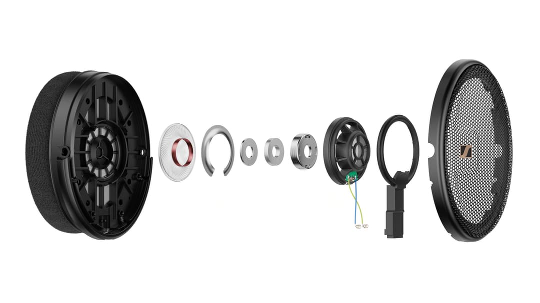 Éclatement des composants du casque Sennheiser HD 660S2, montrant la structure interne avec membrane, transducteur et grille