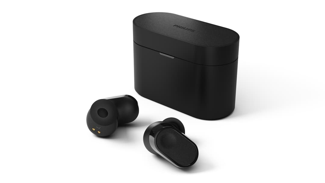 Écouteurs intra-auriculaires Philips Fidelio T2 noirs avec boîtier de chargement ovale compact