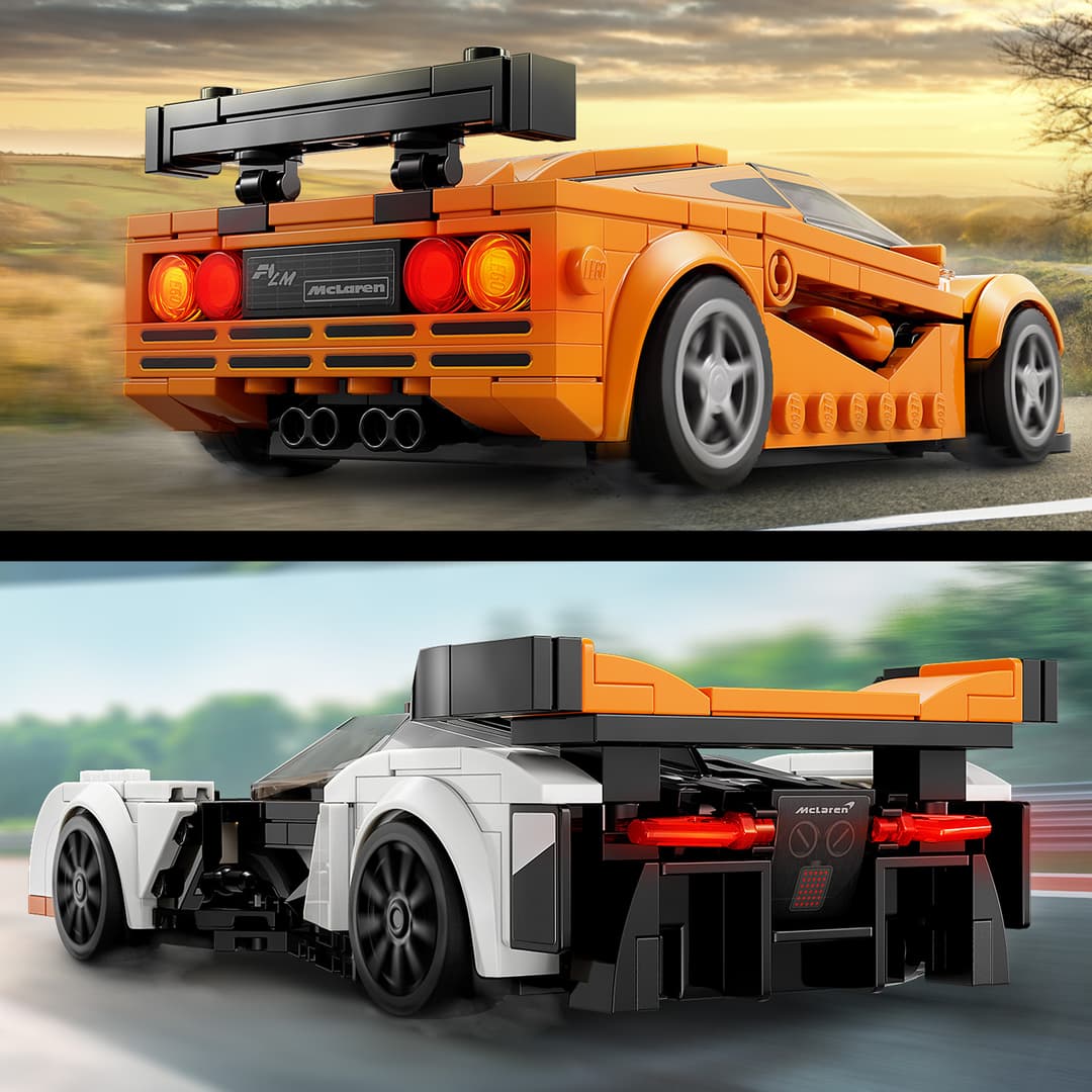 Deux maquettes LEGO McLaren Speed Champions : la F1 LM orange des années 1990 et la Solus GT blanche moderne, présentées avec leurs accessoires distinctifs