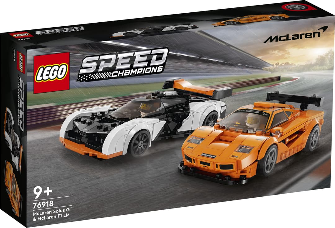 Boîte LEGO Speed Champions McLaren contenant deux supercars de course : une blanche et noire avec cockpit central, et une orange avec aileron arrière