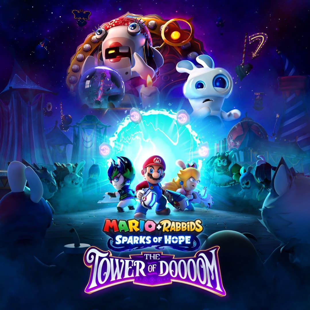 Mario, Luigi et Peach face à des ennemis mécaniques dans un décor futuriste aux teintes bleues et violettes pour l'extension The Tower of Doooom
