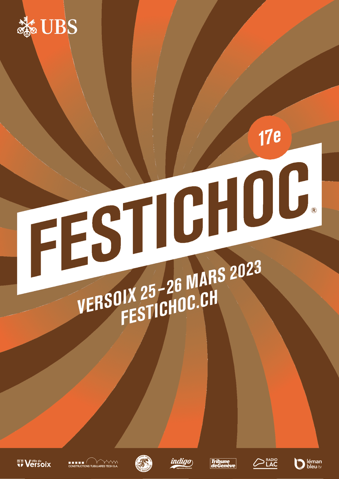 Affiche de FESTICHOC 17e édition aux couleurs marron et orange, avec rayures concentriques et logo UBS