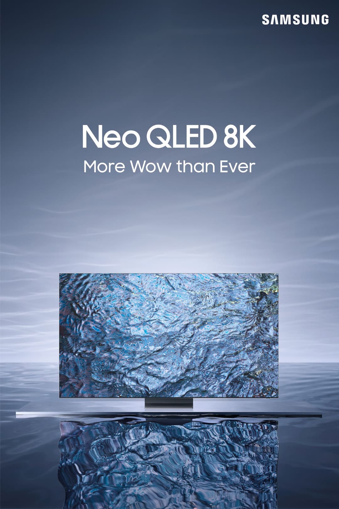 Téléviseur Samsung Neo QLED 8K affichant une texture bleue texturée, avec logo Samsung et slogan en haut