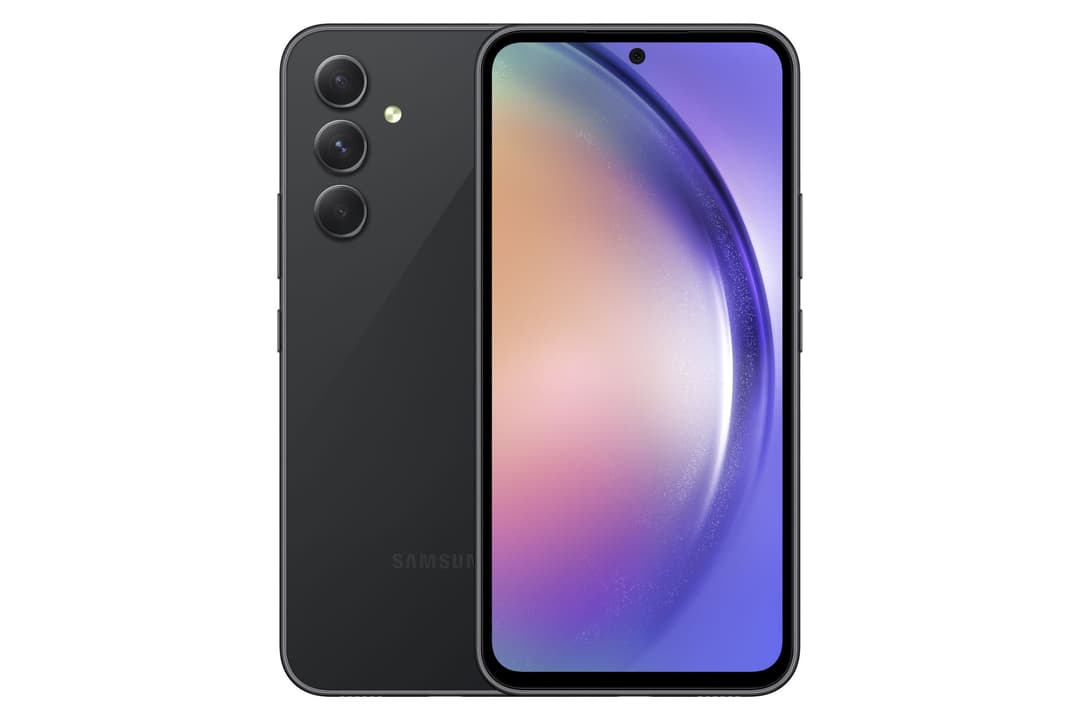 Samsung Galaxy A54 5G de couleur graphite noir, écran face affichant un dégradé rose et violet, triple capteur photo au dos