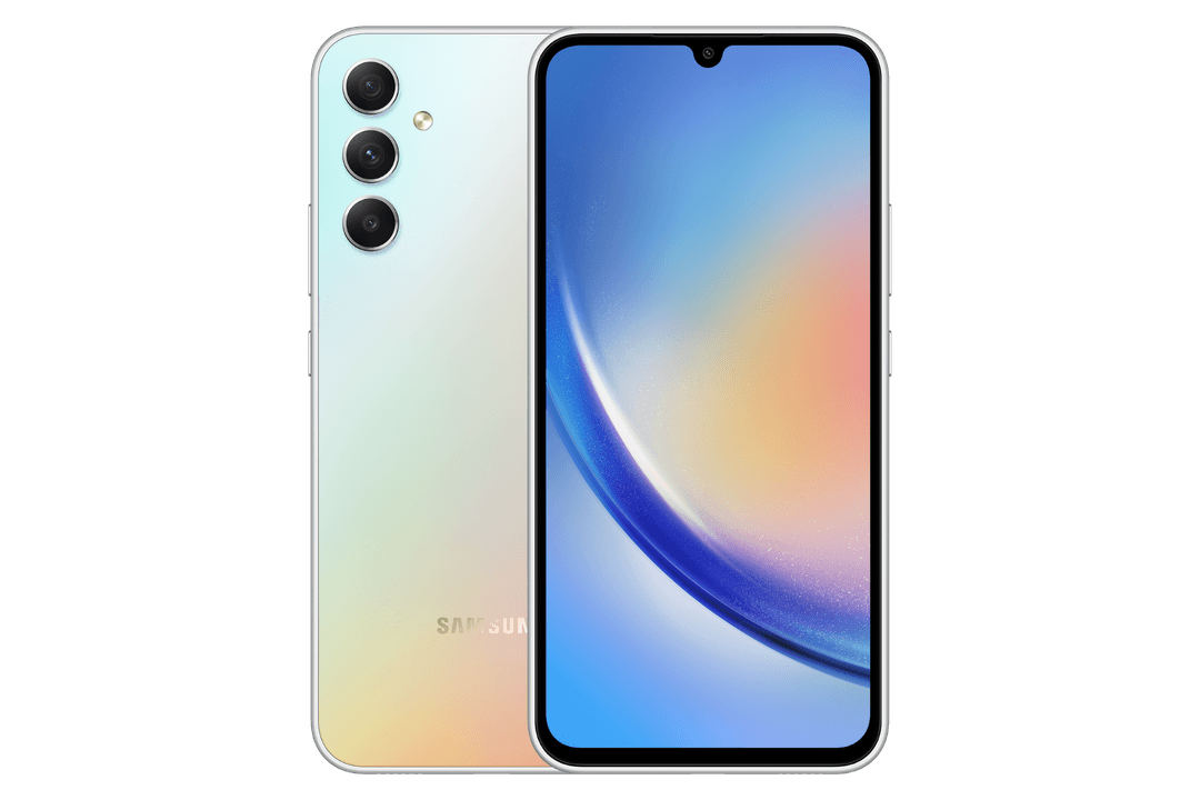Samsung Galaxy A34 5G couleur Awesome Silver avec triple capteur photo et écran affichant un dégradé bleu-rose