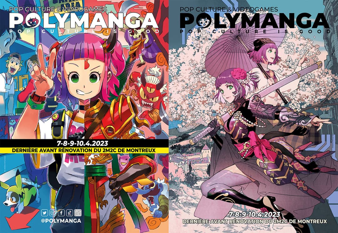 Affiches du festival POLYMANGA 2023 montrant des personnages de manga et d'anime colorés, avec les dates 7-9-10 avril