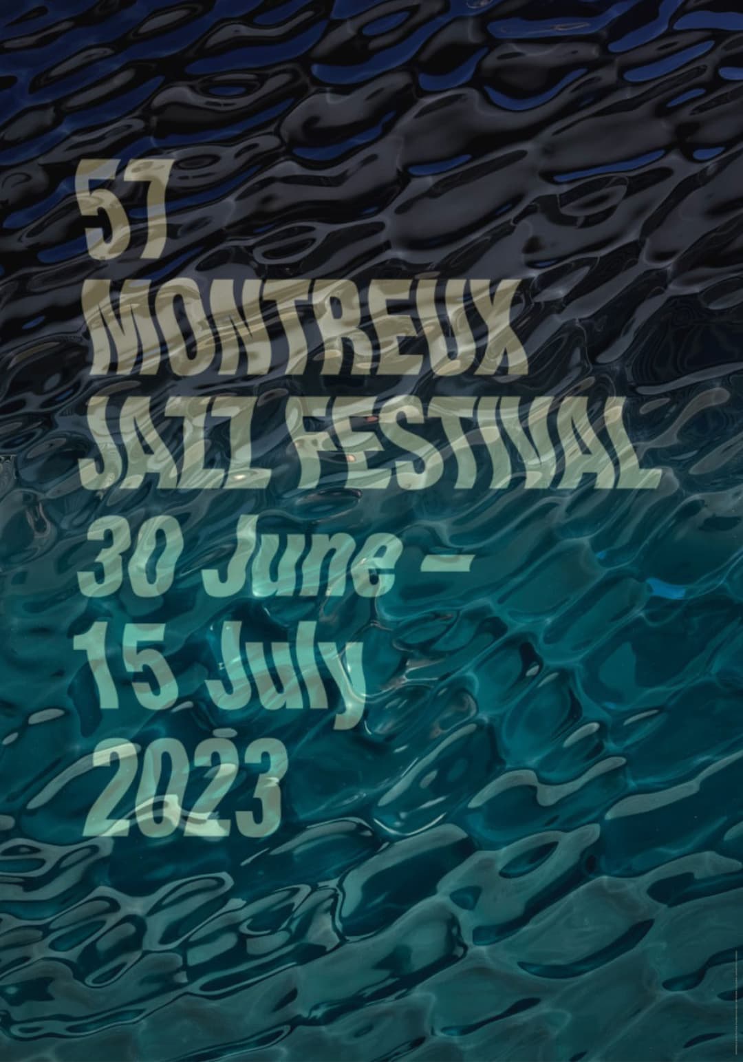 Affiche du 57e Montreux Jazz Festival, 30 juin-15 juillet 2023, avec typographie dorée sur motifs bleus et noirs
