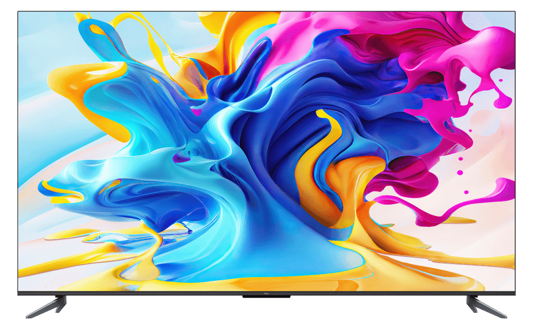 Téléviseur TCL série C64 affichant un motif abstrait coloré avec des formes fluides bleu, rose, jaune et orange