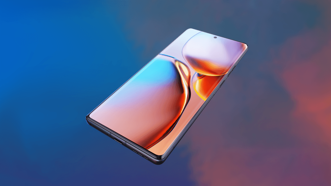 Motorola edge 40 pro posé sur fond dégradé bleu et rose, écran affichant un motif fluide orange et rouge